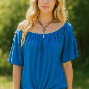 Zac & Rachel Blue Tie Front Elastic Neck Woman's Blouse Size 1X